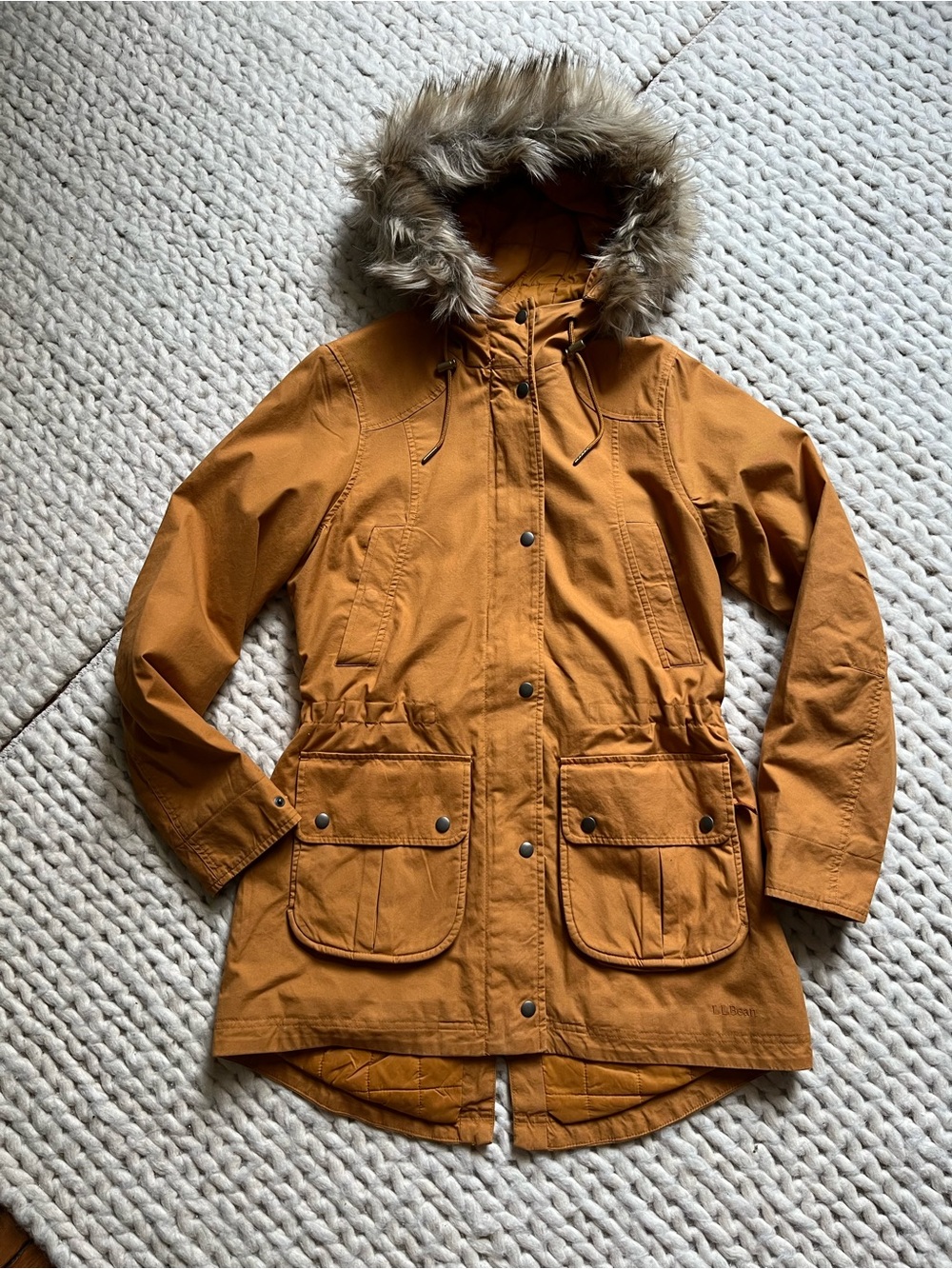 L.L. Bean Fur-Trim Hooded Parka Jacket - Mustard | small regular